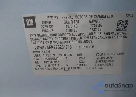 2015 Chevrolet Equinox Ls z USA, uszkodzony, nr VIN 2GNALAEK2F6231713